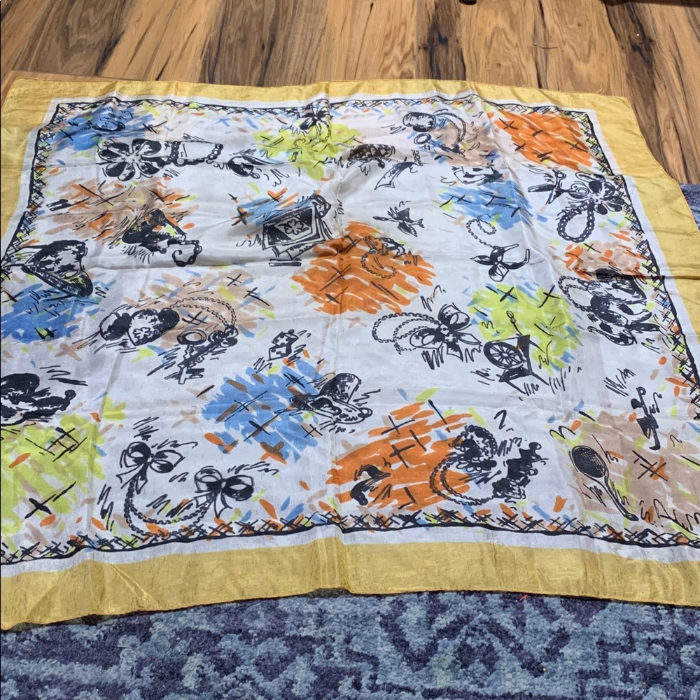 Vintage 70’s bold black images w watercolor abstract scribbles scarf 32 x 31”